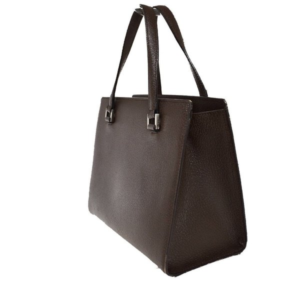 BURBERRY Logo Hand Tote Bag Leather Brown Silver - Picture 13 of 15